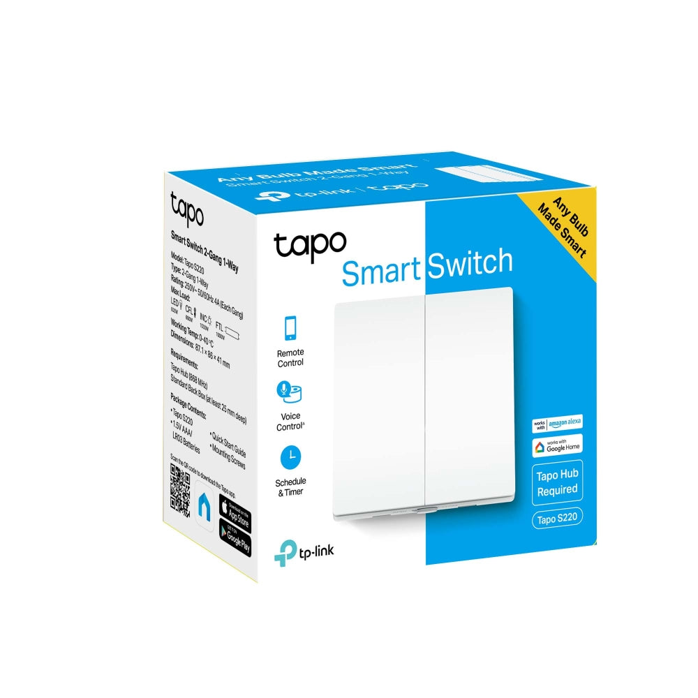 TP-Link Tapo S220 Smart Light Switch IOT, 2-Gang 1-Way, Voice Control, Hassle-Free Installation TP-Link Tapo S220 Smart Light Switch IOT, 2-Gang 1-Way, Voice Control, Hassle-Free Installation